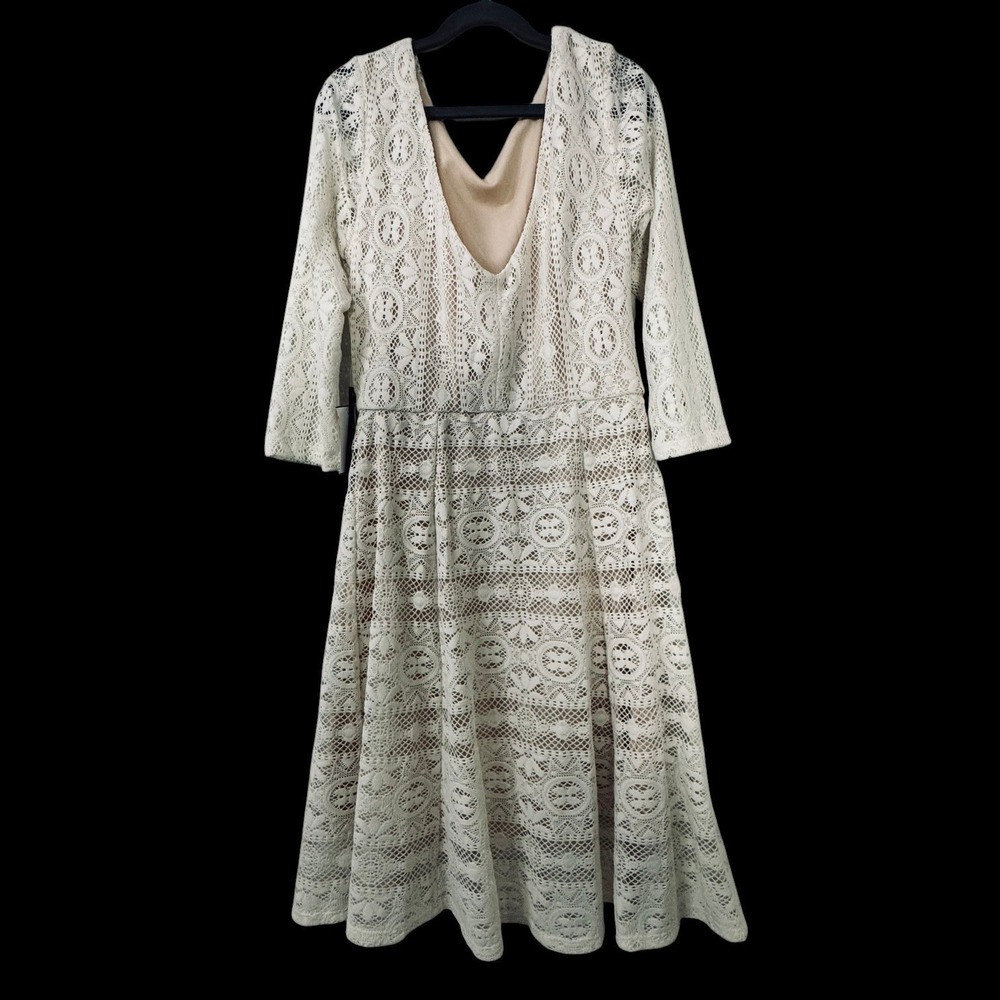 AS U WISH Beige Lace Midi Dress Cottagecore Boho Fit & Flare V Back NWT Size S